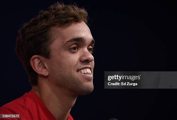 Rico Abreu, driver of the Safelite Toyota, talks to the media prior to a practice sessions for the Toyota Tundra 250 at Kansas Speedway on May 5,...