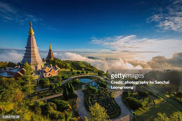two pagoda on the top of inthanon mountain. - chiang mai province stock pictures, royalty-free photos & images