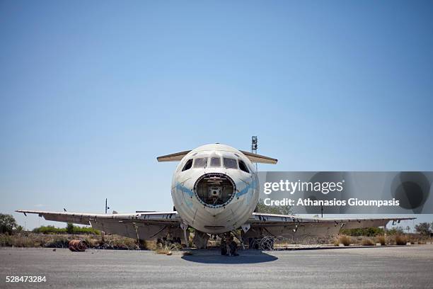 The shell of the airplane at the abandoned Nicosia International Airport on April 28, 2016 in Nicosia, Cyprus . All that is left is the shell of the...