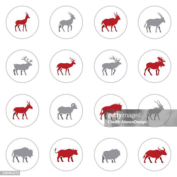 stockillustraties, clipart, cartoons en iconen met set of horned animal icons - european bison