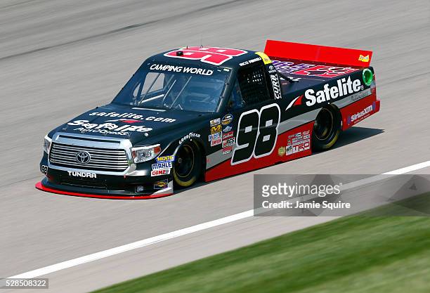 Rico Abreu, driver of the Safelite Toyota, practices for the NASCAR Camping World Truck Series 16th Annual Toyota Tundra 250 on May 05, 2016 in...