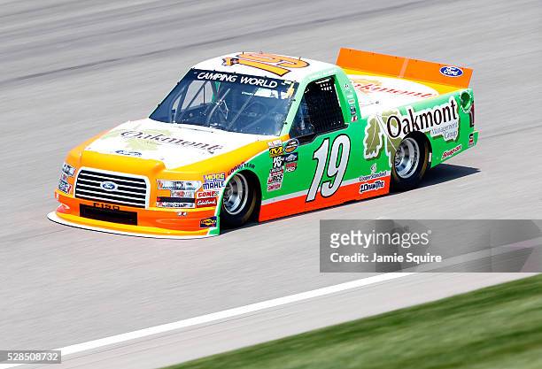 Daniel Hemric, driver of the Oakmont Management Group Ford, practices for the NASCAR Camping World Truck Series 16th Annual Toyota Tundra 250 on May...