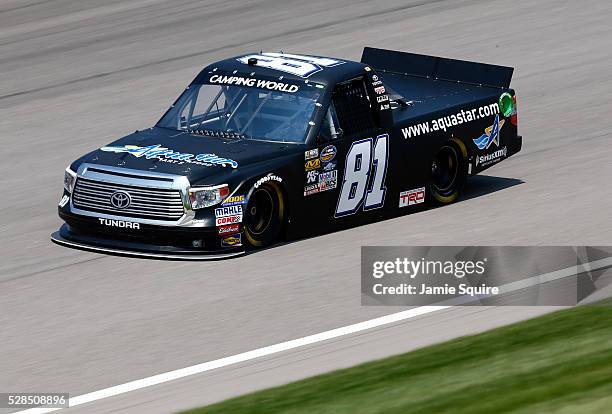 Ryan Truex, driver of the Aquastar Toyota, practices for the NASCAR Camping World Truck Series 16th Annual Toyota Tundra 250 on May 05, 2016 in...