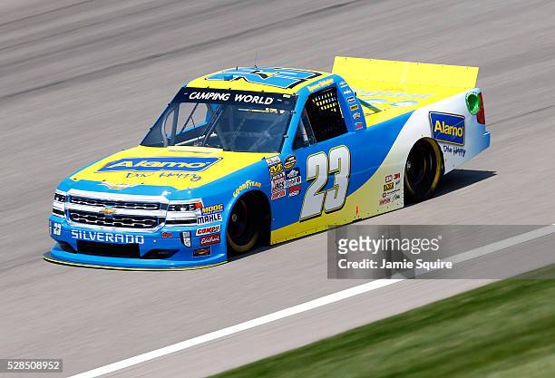 Spencer Gallagher, driver of the Alamo Chevrolet, practices for the NASCAR Camping World Truck Series 16th Annual Toyota Tundra 250 on May 05, 2016...