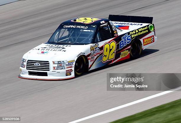 Parker Kligerman, driver of the BTS Tire/SLD Rck Crrrs/Advance Auto Parts Ford, practices for the NASCAR Camping World Truck Series 16th Annual...
