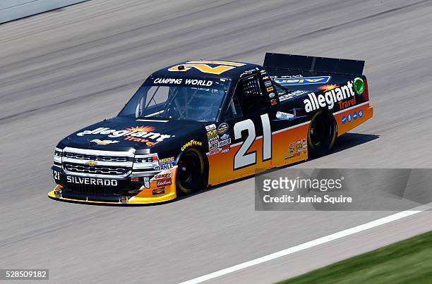 Johnny Sauter, driver of the Allegiant Chevrolet, practices for the NASCAR Camping World Truck Series 16th Annual Toyota Tundra 250 on May 05, 2016...