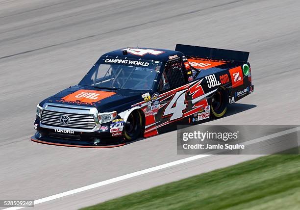 Christopher Bell, driver of the JBL Toyota, practices for the NASCAR Camping World Truck Series 16th Annual Toyota Tundra 250 on May 05, 2016 in...