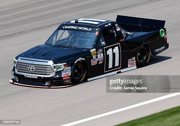 Matt Tifft, driver of the Toyota, practices for the NASCAR Camping World Truck Series 16th Annual Toyota Tundra 250 on May 05, 2016 in Kansas City,...