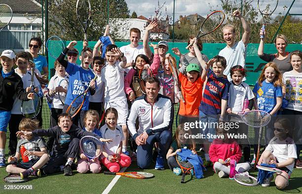 Leon Smith Davis Cup Captain takes a coaching session at Giffnock Tennis Club Glasgow the club where he started his career at on May 5, 2016 in...