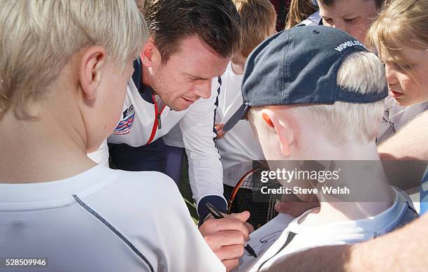 Leon Smith Davis Cup Captain takes a coaching session at Giffnock Tennis Club Glasgow the club where he started his career at on May 5, 2016 in...