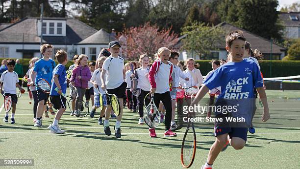 Leon Smith Davis Cup Captain takes a coaching session at Giffnock Tennis Club Glasgow the club where he started his career at on May 5, 2016 in...