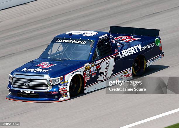 William Byron, driver of the Liberty University Toyota, practices for the NASCAR Camping World Truck Series 16th Annual Toyota Tundra 250 on May 05,...