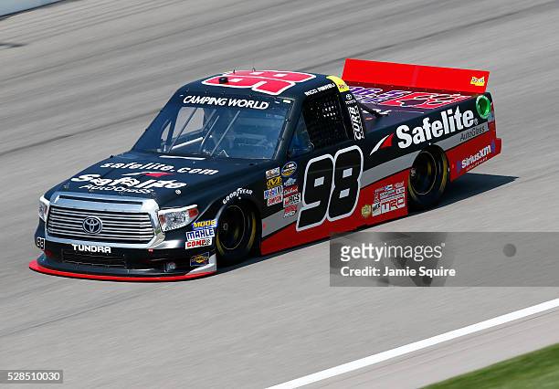 Rico Abreu, driver of the Safelight Toyota, practices for the NASCAR Camping World Truck Series 16th Annual Toyota Tundra 250 on May 05, 2016 in...