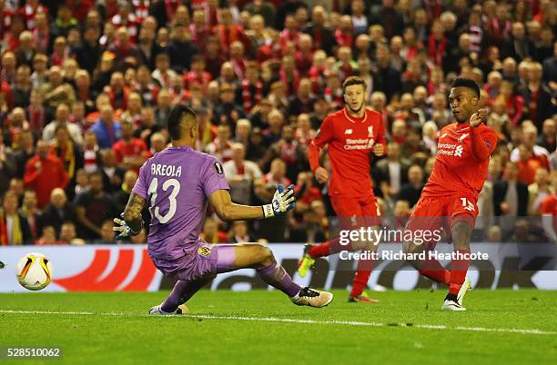 Daniel Sturridge of Liverpool shoots past goalkeeper Alphonse Areola of Villarreal to score their second goal during the UEFA Europa League semi...