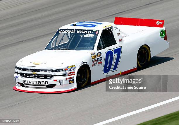 McLeod, driver of the Chevrolet, practices for the NASCAR Camping World Truck Series 16th Annual Toyota Tundra 250 on May 05, 2016 in Kansas City,...