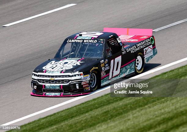 Jennifer Jo Cobb, driver of the Mark One Electric Chevrolet, practices for the NASCAR Camping World Truck Series 16th Annual Toyota Tundra 250 on May...