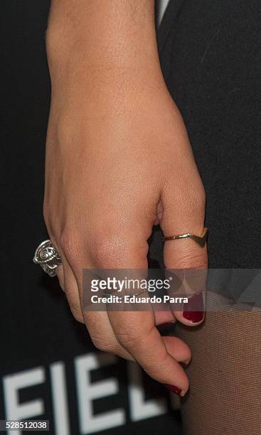 Actress Andrea Guasch, ring detail, attends the Springfield fashion film presentation photocall at Fortuny palace on May 05, 2016 in Madrid, Spain.