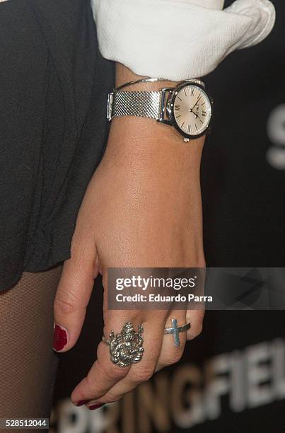 Actress Andrea Guasch, ring detail, attends the Springfield fashion film presentation photocall at Fortuny palace on May 05, 2016 in Madrid, Spain.