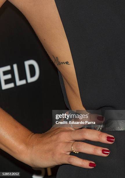 Elena Tablada, tattoo detail, attends the Springfield fashion film presentation photocall at Fortuny palace on May 05, 2016 in Madrid, Spain.