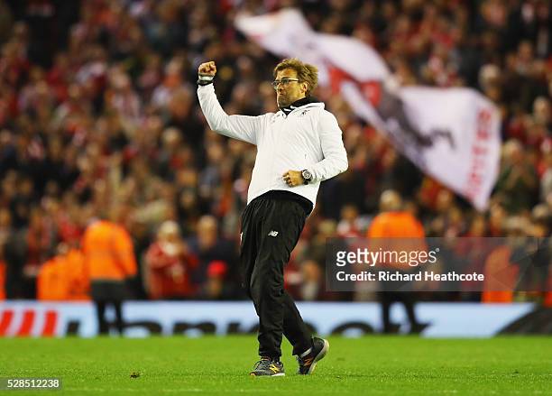 Jurgen Klopp manager of Liverpool celebrates victory after the UEFA Europa League semi final second leg match between Liverpool and Villarreal CF at...