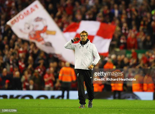 Jurgen Klopp manager of Liverpool celebrates victory after the UEFA Europa League semi final second leg match between Liverpool and Villarreal CF at...