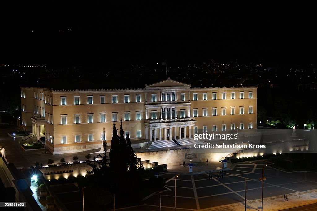 Hellenic Parliament at Night, Well Lit, Athens, Greece
