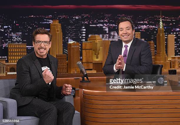 Robert Downey Jr and host Jimmy Fallon during a segement on "The Tonight Show Starring Jimmy Fallon" at Rockefeller Center on May 5, 2016 in New York...