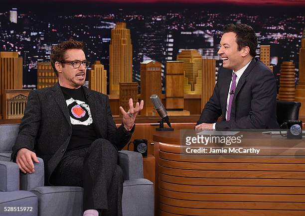 Robert Downey Jr and host Jimmy Fallon during a segement on "The Tonight Show Starring Jimmy Fallon" at Rockefeller Center on May 5, 2016 in New York...