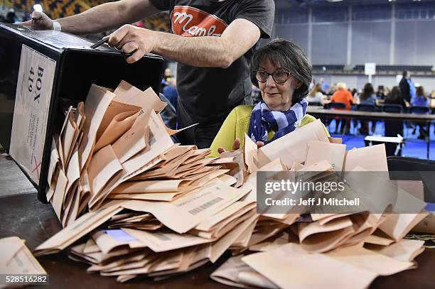 Counting staff check ballot papers in the Scottish Parliament elections at the Emirates Arena on May 5, 2016 in Glasgow, Scotland. The first...