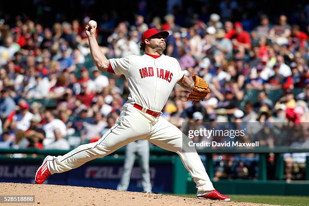 Joba Chamberlain of the Cleveland Indians pitches against the New York Mets at Progressive Field in the eighth inning on April 17, 2016 in Cleveland,...
