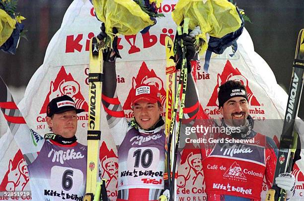 Weltcup in Kitzbuehel 25.1.97, Werner FRANZ 2./Fritz STROBL 1./Luc ALPHAND 3.