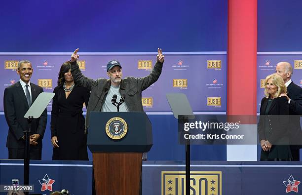 President Barack Obama First Lady Michelle Obama, Jon Stewart , Dr. Jill Biden and Vice President Joe Biden speak during the 75th Anniversary USO...