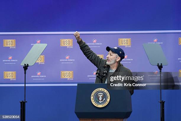 Host Jon Stewart speaks during the 75th Anniversary USO Show at Joint Base Andrews on May 5, 2016 in Camp Springs, Md.