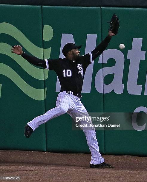 Austin Jackson of the Chicago White Sox can't make a catch on a triple hit by Travis Shaw of the Boston Red Sox in the 3rd inning at U.S. Cellular...