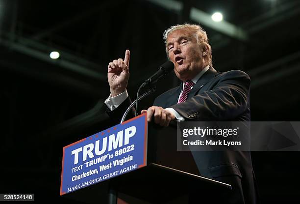 Republican Presidential candidate Donald Trump speaks during his rally at the Charleston Civic Center on May 5, 2016 in Charleston, West Virginia....