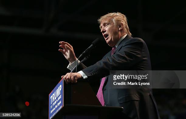 Republican Presidential candidate Donald Trump speaks during his rally at the Charleston Civic Center on May 5, 2016 in Charleston, West Virginia....