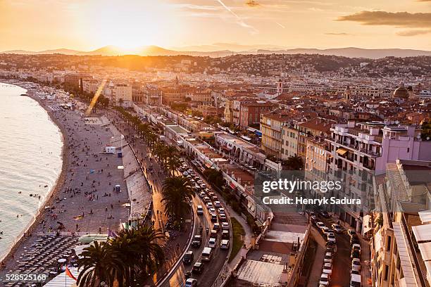 aerial panorama of nice at sunset - nizza stock-fotos und bilder