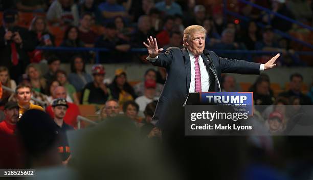 Republican Presidential candidate Donald Trump speaks during his rally at the Charleston Civic Center on May 5, 2016 in Charleston, West Virginia....