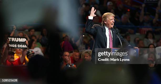 Republican Presidential candidate Donald Trump speaks during his rally at the Charleston Civic Center on May 5, 2016 in Charleston, West Virginia....