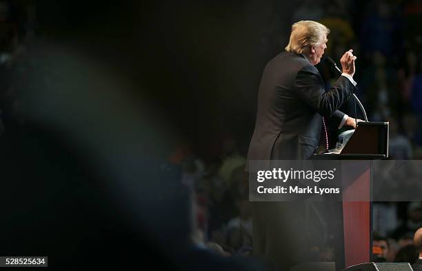 Republican Presidential candidate Donald Trump speaks during his rally at the Charleston Civic Center on May 5, 2016 in Charleston, West Virginia....