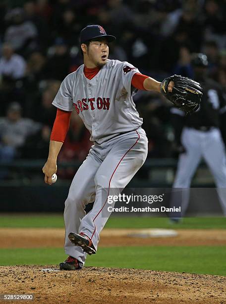 Junichi Tazawa of the Boston Red Sox pitches in the 7th inning against the Chicago White Sox at U.S. Cellular Field on May 5, 2016 in Chicago,...