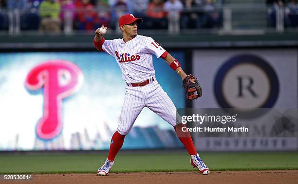 Cesar Hernandez of the Philadelphia Phillies during a game against the Cleveland Indians at Citizens Bank Park on April 29, 2016 in Philadelphia,...