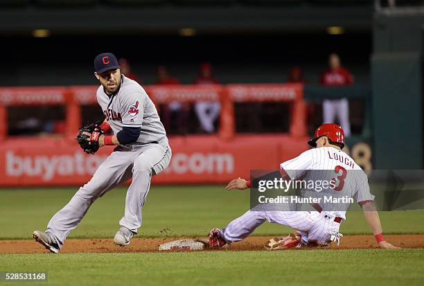 Jason Kipnis of the Cleveland Indians forces out David Lough of the Philadelphia Phillies during a game at Citizens Bank Park on April 29, 2016 in...