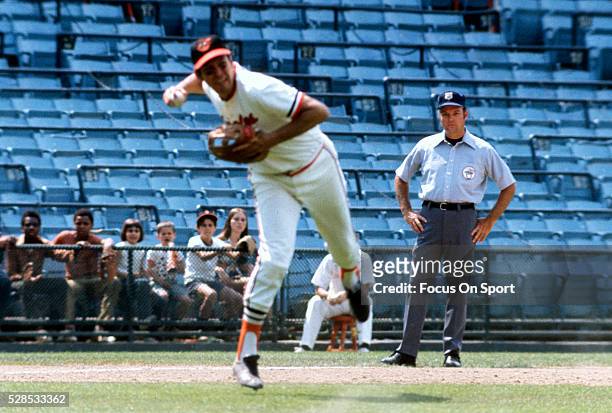 Brooks Robinson of the Baltimore Orioles in action making an off balance throw to first base during an Major League Baseball game circa 1971 at...