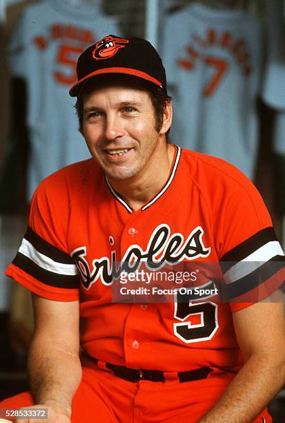 Brooks Robinson of the Baltimore Orioles poses for this portrait in the looker room prior to the start of a Major League Baseball game circa 1975 at...