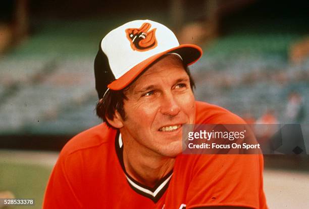 Brooks Robinson of the Baltimore Orioles looks on prior to the start of a Major League Baseball game circa 1975 at Memorial Stadium in Baltimore,...