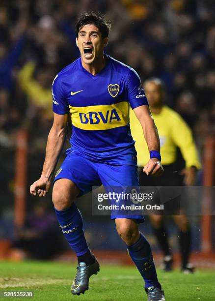 Pablo Perez of Boca Juniors celebrates after scoring the third goal of his team during a second leg match between Boca Juniors and Cerro Porteno as...