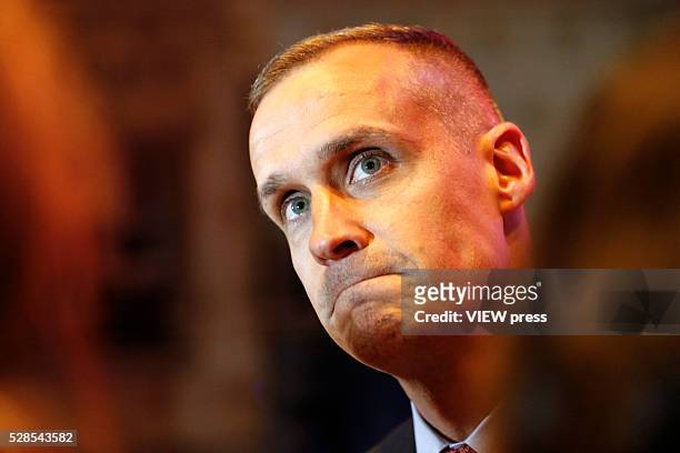 Campaign Manager for Donald Trump, Corey Lewandowski speaks to media at Trump Tower in Manhattan following Trump's victory in the Indiana primary on...