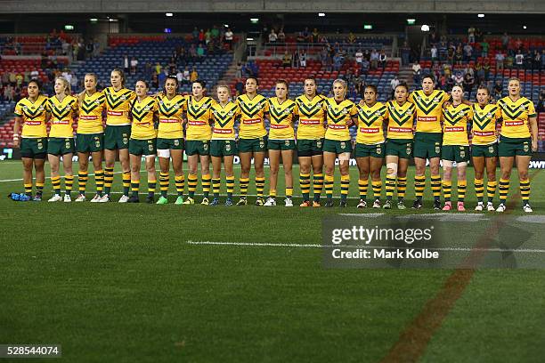 The Australian Jillaroos sing the national anthem during the Women's international Rugby League Test match between the Australian Jillaroos and New...