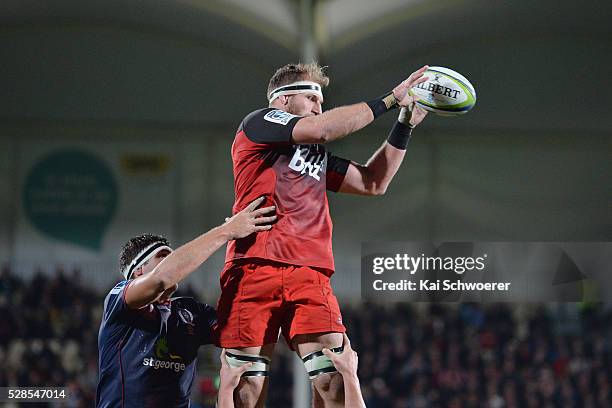 Kieran Read of the Crusaders wins a lineout during the round 11 Super Rugby match between the Crusaders and the Reds at AMI Stadium on May 6, 2016 in...